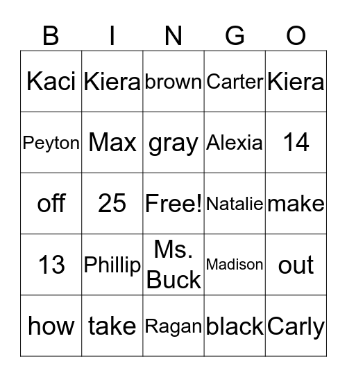 Kindergarten Bingo Card