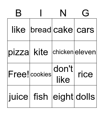 Food and Toys Bingo Card