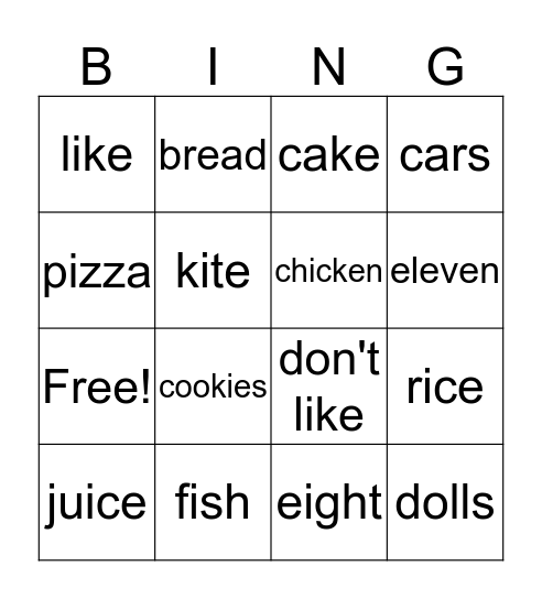 Food and Toys Bingo Card