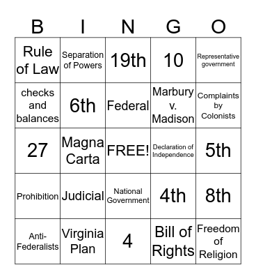 Unit 1  - Honors Government  Bingo Card
