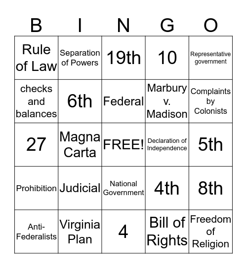 Unit 1  - Honors Government  Bingo Card