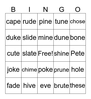 Silent e Words Bingo Card