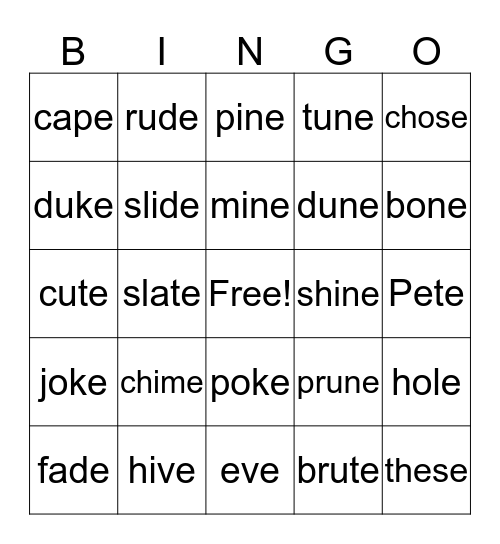 Silent e Words Bingo Card