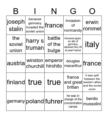 answer key Bingo Card