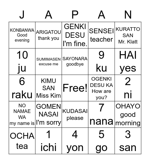 JAPAN Bingo Card
