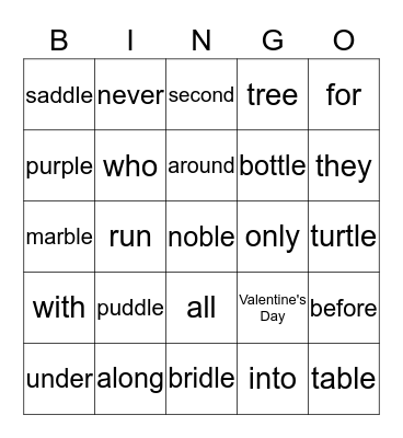 Spelling and Frequency Words Bingo Card