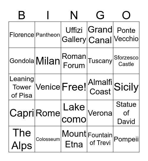 Italian Sights Bingo Card