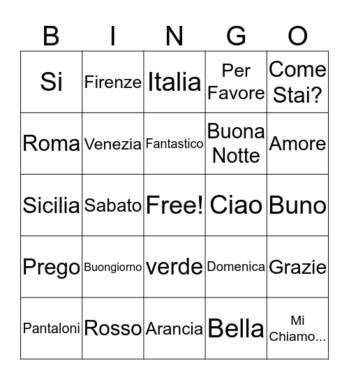 Vocabulario Bingo Card