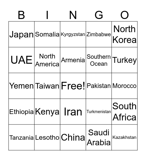 Asia and Africa Bingo Card