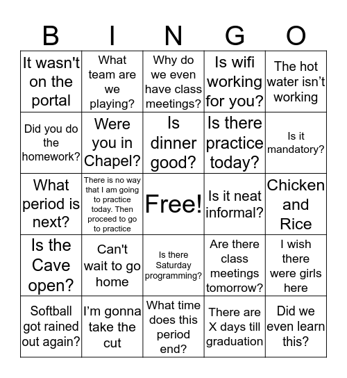 TP Students Bingo Card