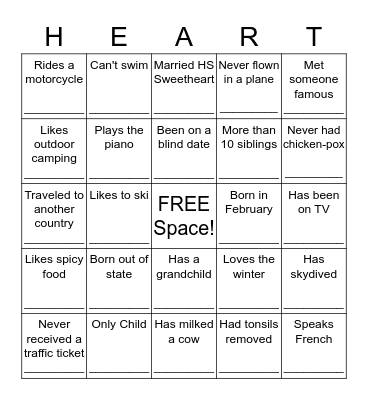Complete Your Heart! Bingo Card