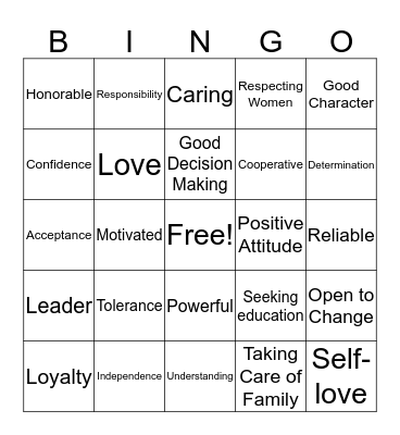 Values for a Young Man Bingo Card