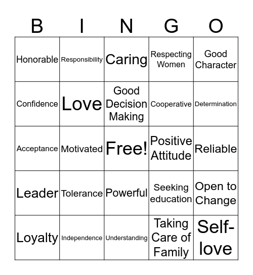 Values for a Young Man Bingo Card
