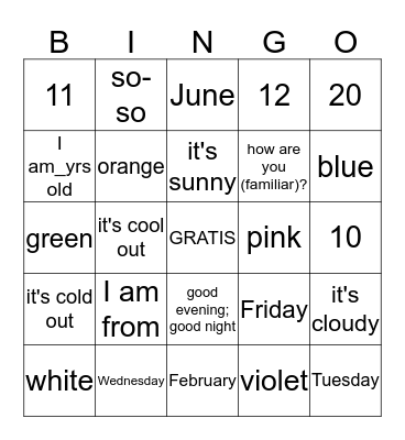 6th Grade Vocabulary Bingo Card