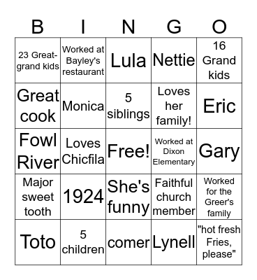 Dorothy's 95th Birthday Bingo Card