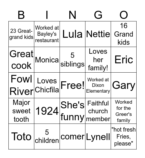 Dorothy's 95th Birthday Bingo Card