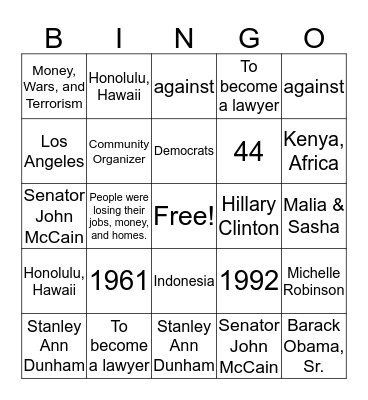 Barack Obama Bingo Card