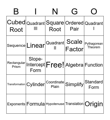 Math 8 Bingo Card