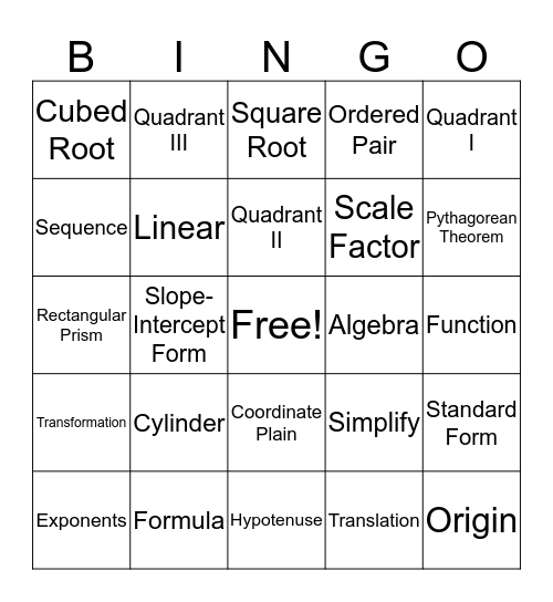 Math 8 Bingo Card