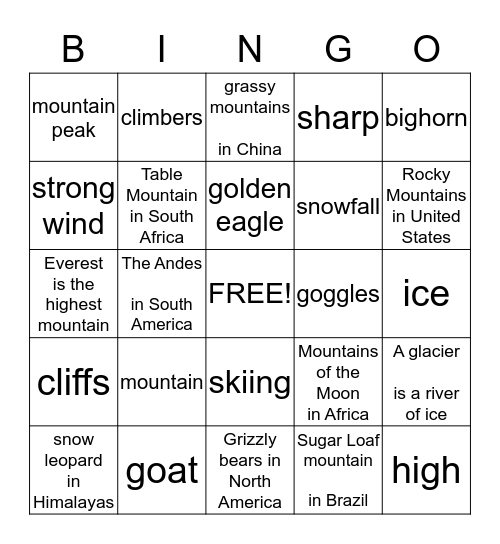 Mountains Bingo Card