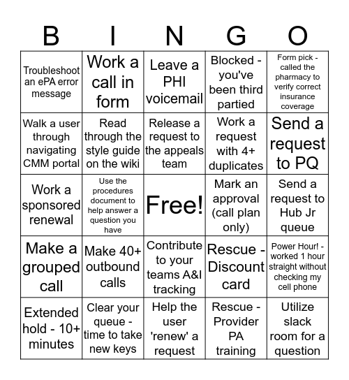 Full Hub Bingo Card