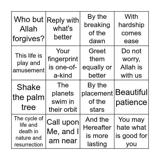 Quran Bingo Card