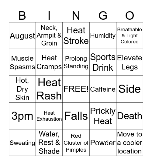 Heat Stress Bingo Card