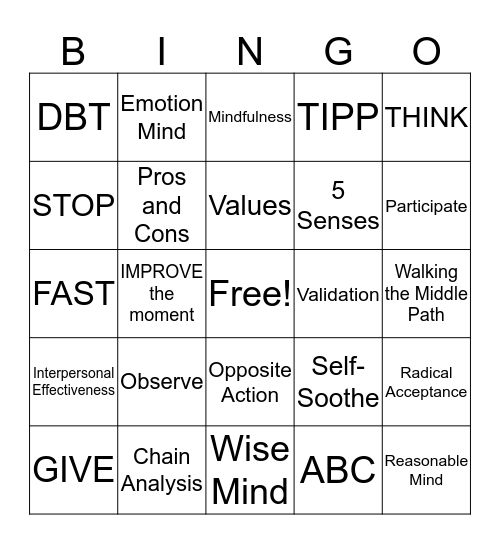 DBT Skills Bingo! Bingo Card