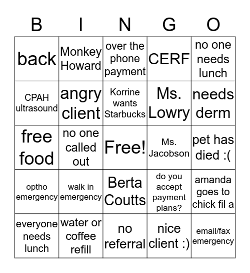 Phone Room Bingo Card