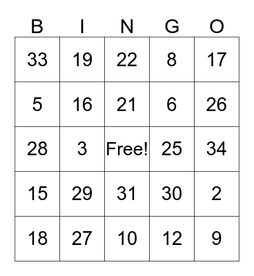 Math Facts Bingo Card
