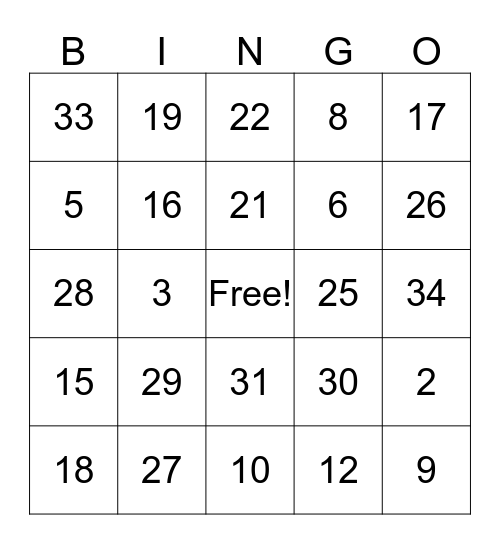 Math Facts Bingo Card