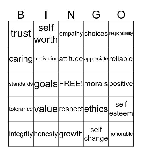 VALUES Bingo Card