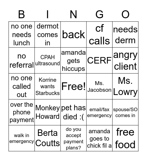 Phone Room Bingo Card