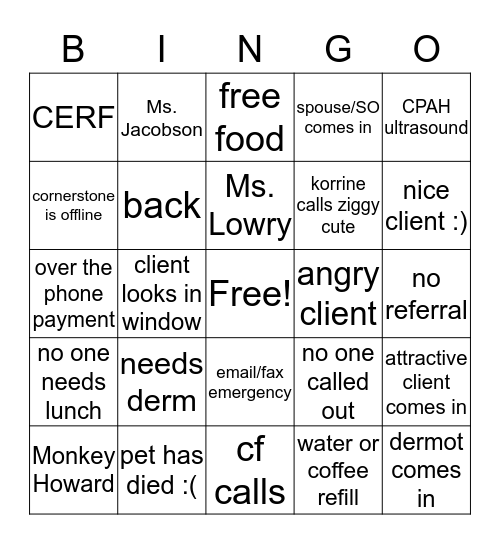 Phone Room Bingo Card