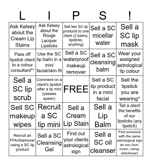 Sephora Collection Sunday/Monday - Astrological Lips Bingo Card