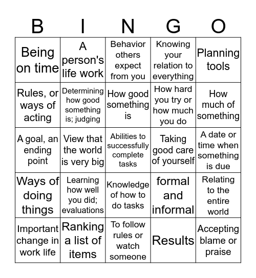 Key Terms  Bingo Card