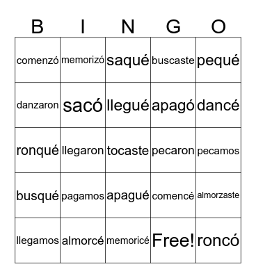 Car, Gar, Zar Verbs Bingo Card