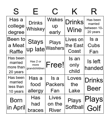 SECKER FAMILY REUNION Bingo Card