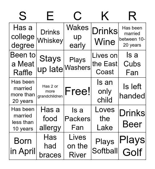SECKER FAMILY REUNION Bingo Card