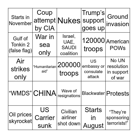 THE GREAT IRAN WAR BINGO Card