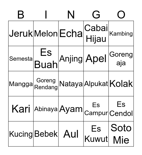 Ayam Goreng Bingo Card