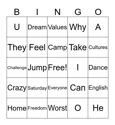 English Academy Bingo Card