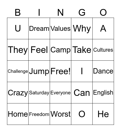 English Academy Bingo Card