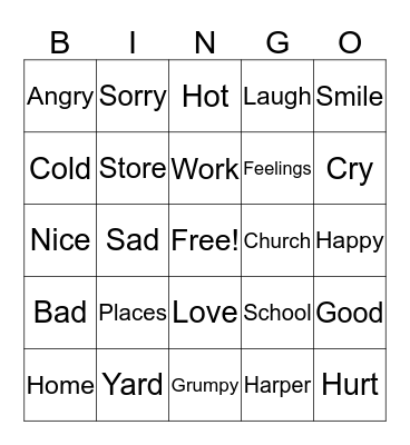 Places and Feelings Bingo Card