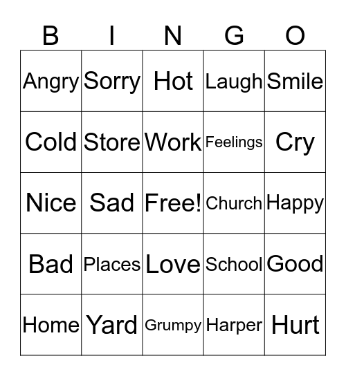 Places and Feelings Bingo Card