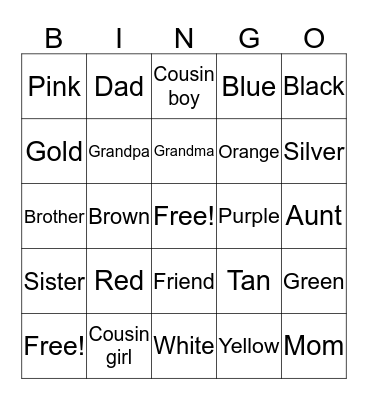 Colors and Family Bingo Card