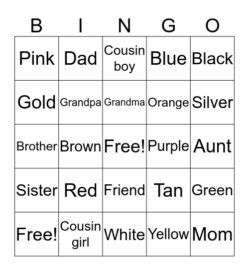 Colors and Family Bingo Card