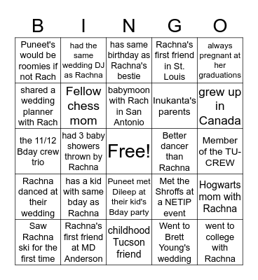 Find Rachna's Friends Bingo Card