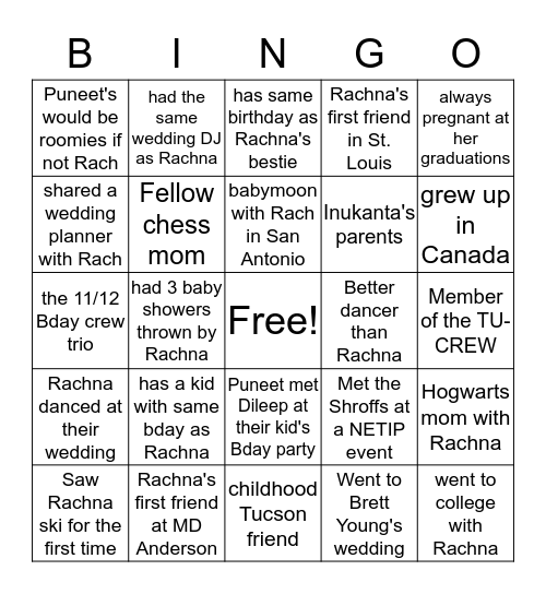 Find Rachna's Friends Bingo Card