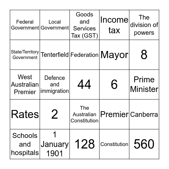 Civics and Citizenship Bingo Card